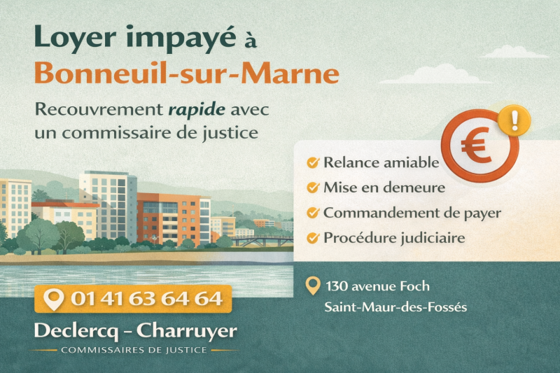 Recouvrement de loyers impayés à Bonneuil-sur-Marne. Commissaire de justice basé à Saint-Maur-des-Fossés. Intervention rapide pour bailleurs.